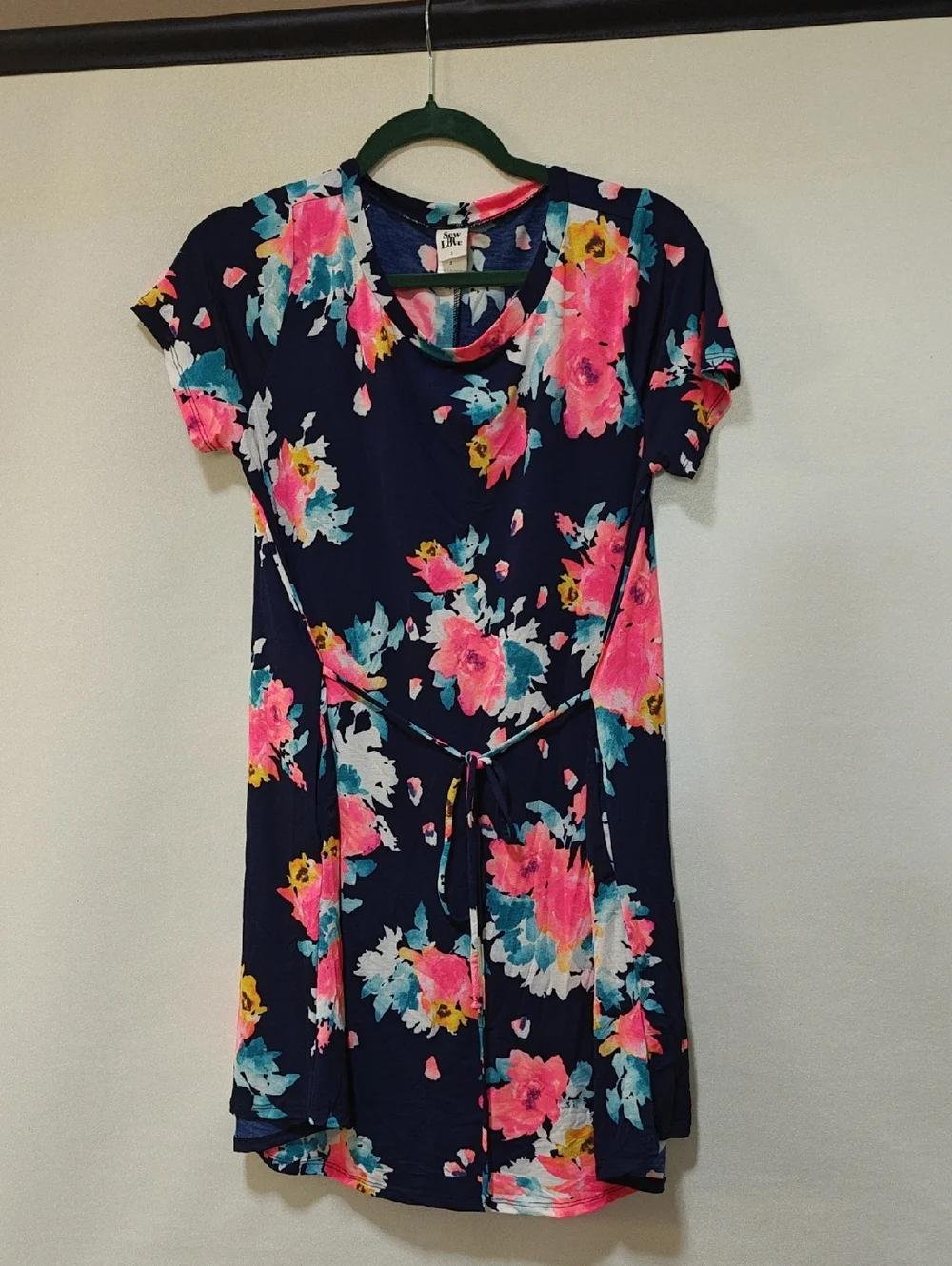 Sew In Love Navy Floral Scoop Neck Top/Mini-dres with Pink & Teal Blooms, Small - Picture 1 of 5